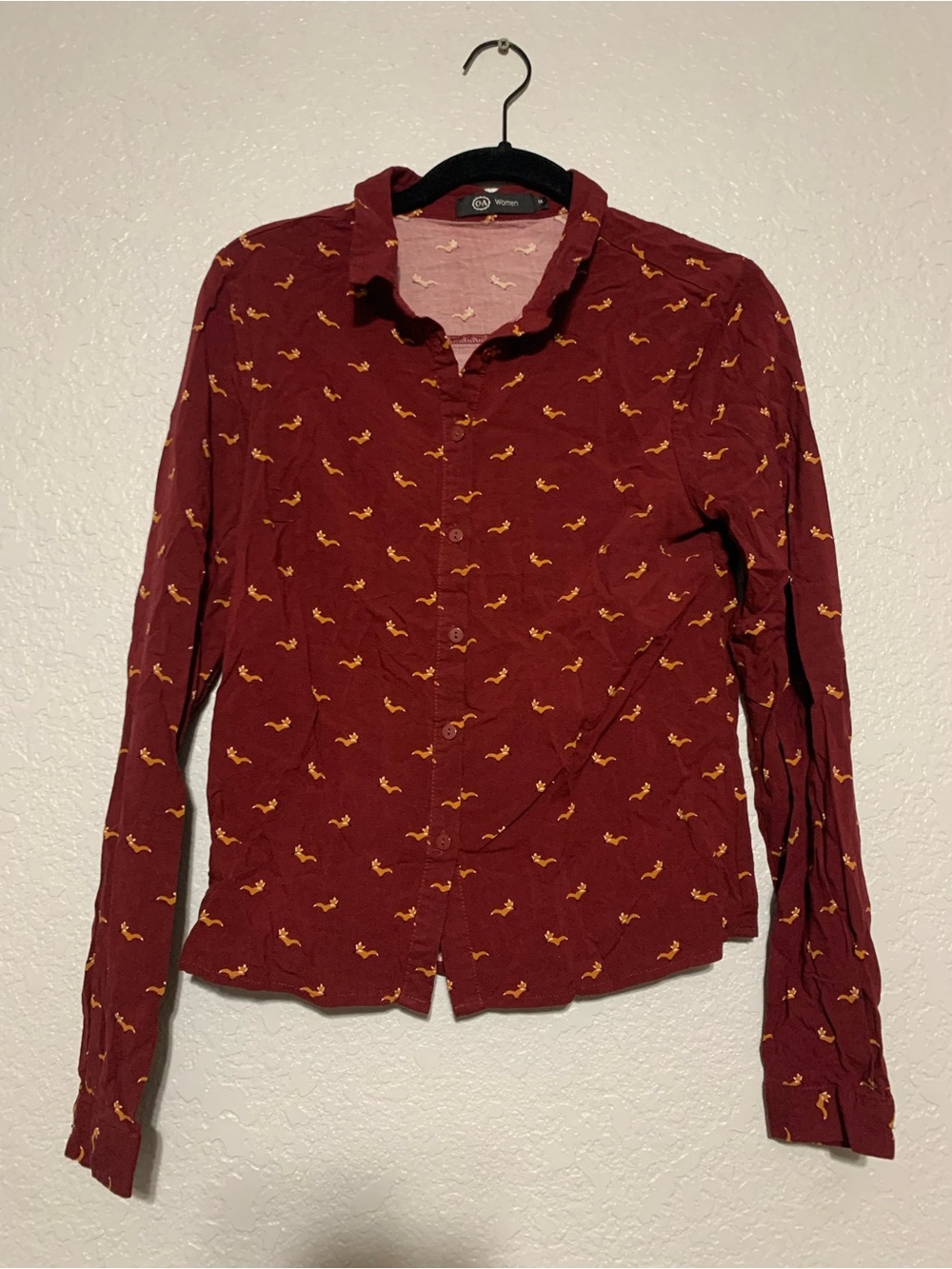 Men's Long-Sleeve Button-Up Shirt - Burgundy with Yellow Print